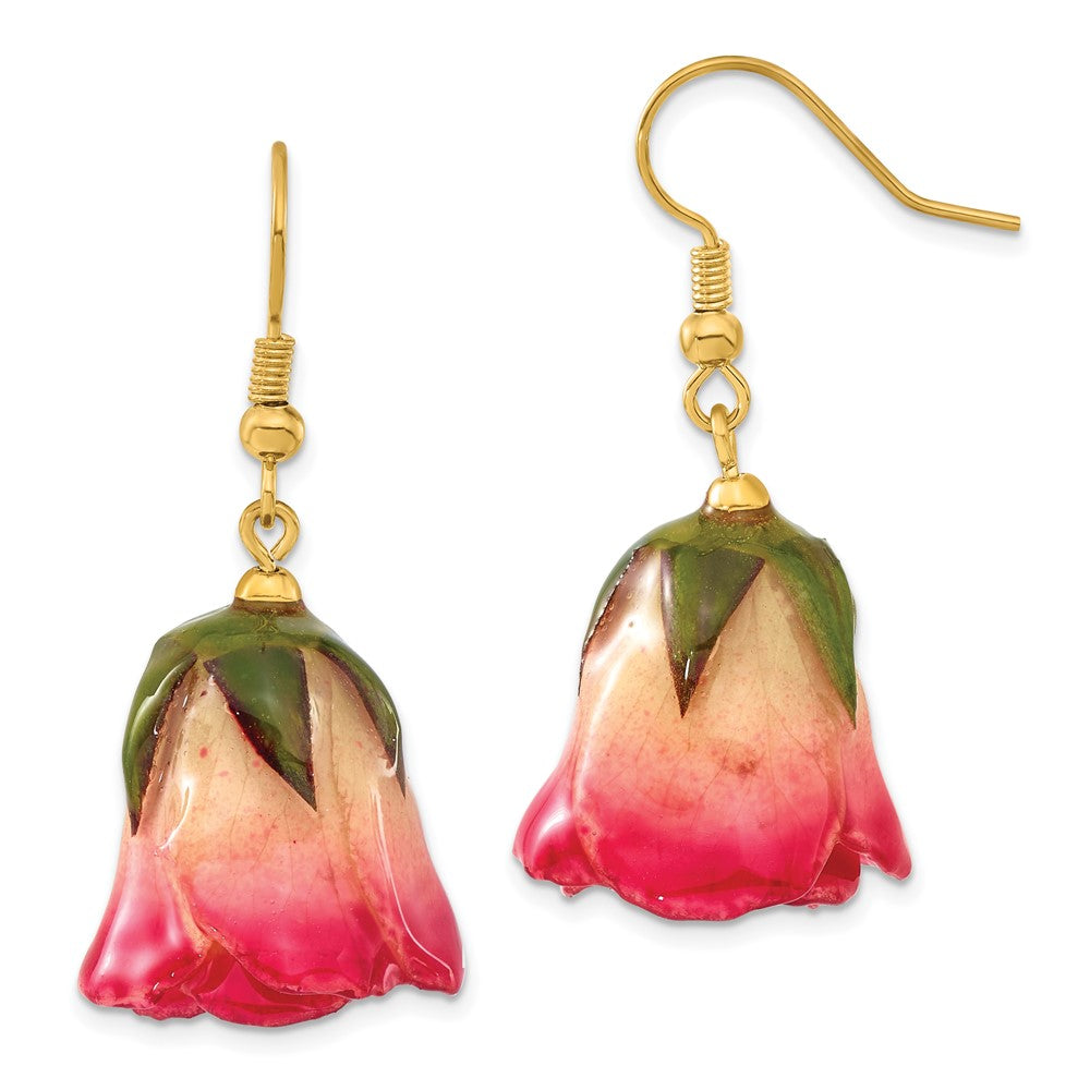 Lacquer Dipped White and Pink Real Rosebud Gold-tone Dangle Wire Earrings, 1.5 x 0.75 mm