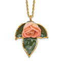 Lacquer Dipped Cream and Pink Real Rose on 24K Gold-trim Lacquered Dipped Leaf 20 inch Gold-tone Necklace, 20 mm