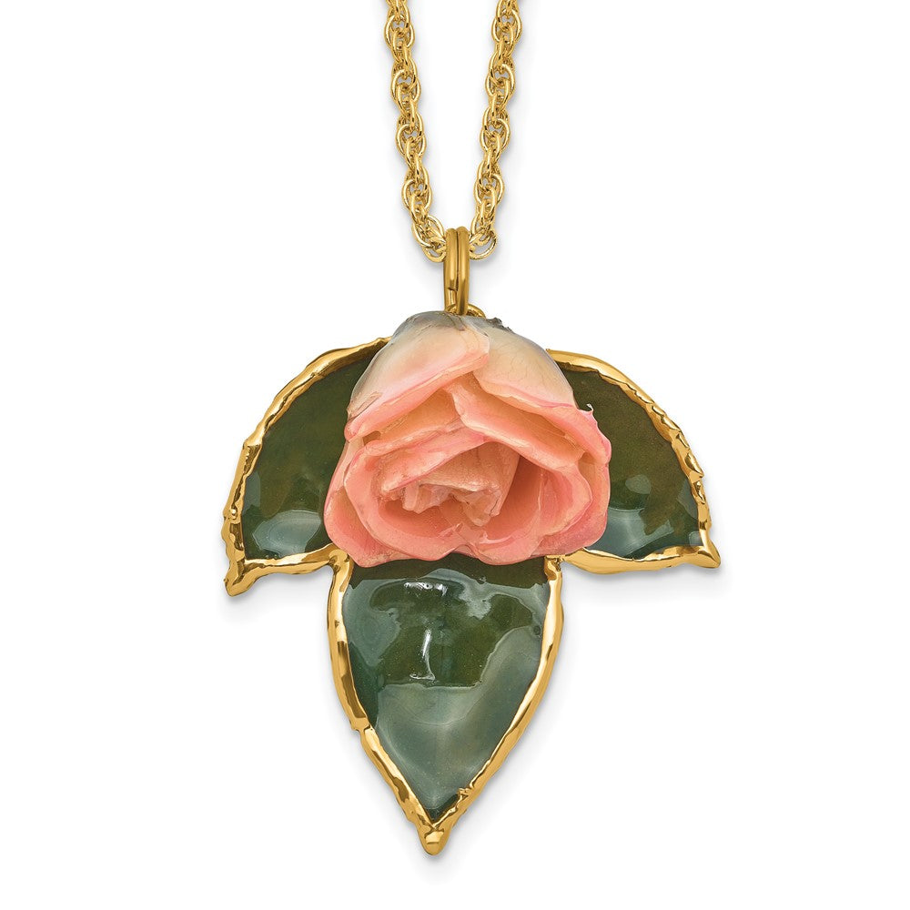 Lacquer Dipped Cream and Pink Real Rose on 24K Gold-trim Lacquered Dipped Leaf 20 inch Gold-tone Necklace, 20 mm
