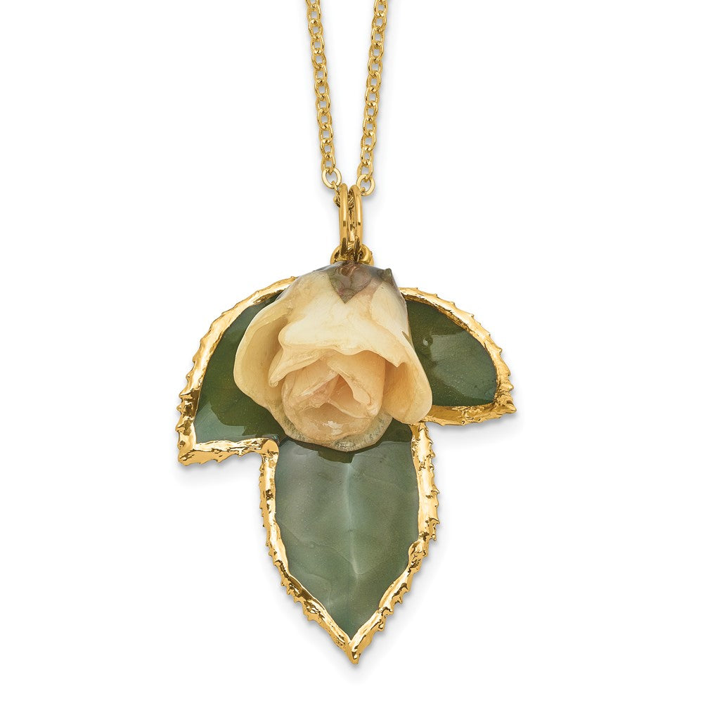 Lacquer Dipped White Real Rose on 24K Gold-trim Lacquer Dipped Leaf 20 inch Gold-tone Necklace, 20 mm