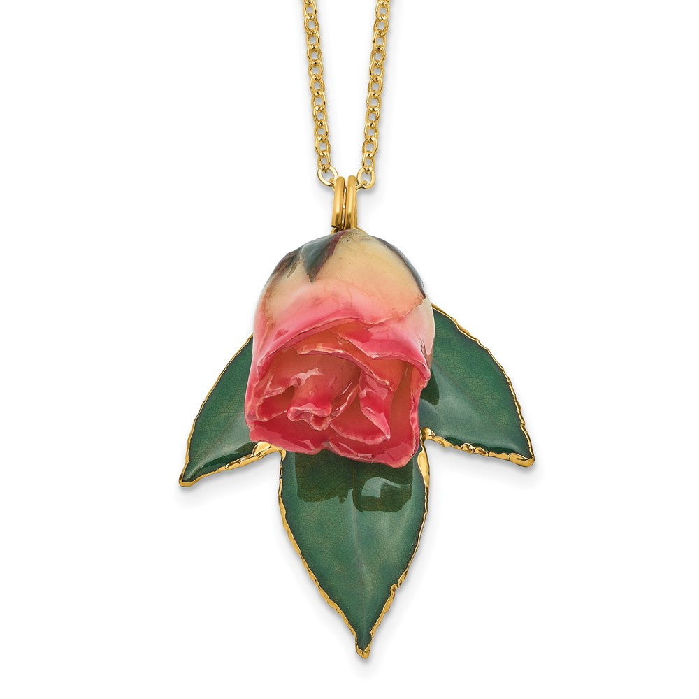 Lacquer Dipped White and Pink Real Rosebud on 24K Gold-trim Lacquered Dipped Leaf 20 inch Gold-tone Necklace, 20 mm