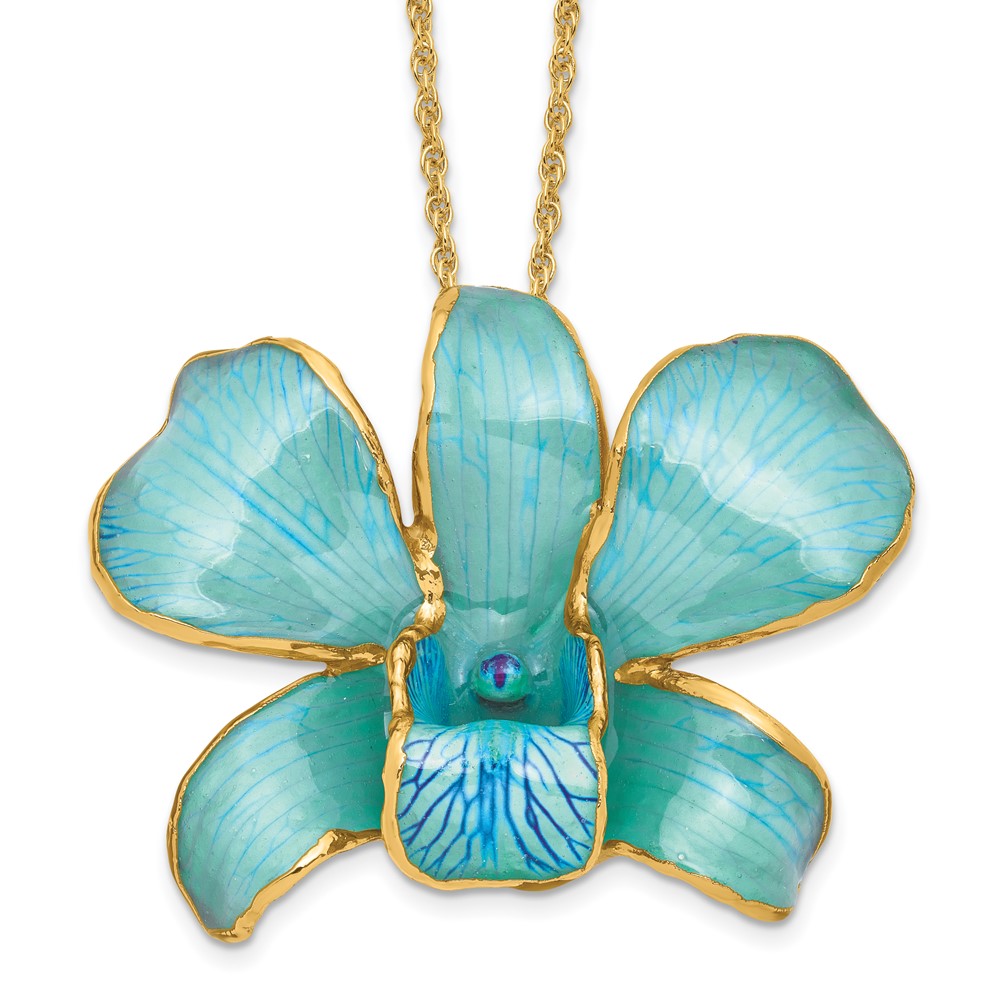24K Gold-trim Lacquer Dipped Blue Real Dendrobium Orchid 20in Gold-tone Necklace, 20 mm