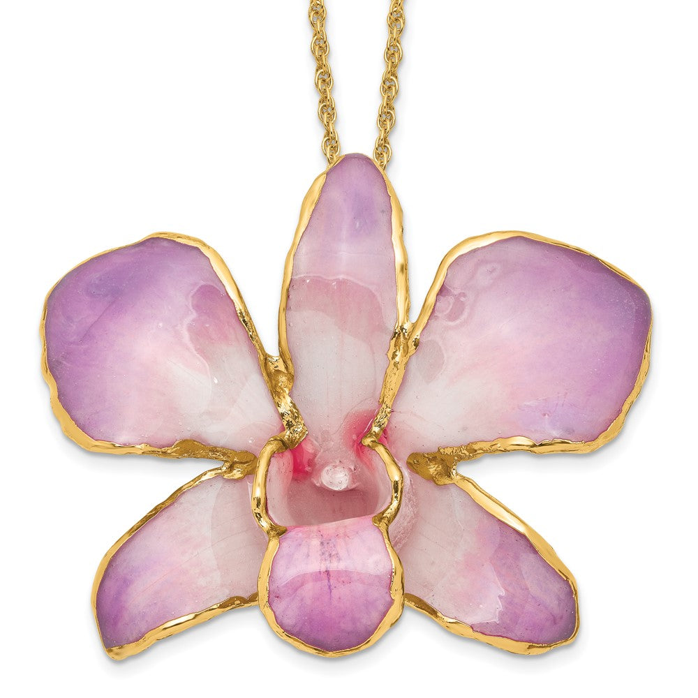 24K Gold-trim Lacquer Dipped White and Lilac Real Dendrobium Orchid 20 inch Gold-tone Necklace, 20 mm