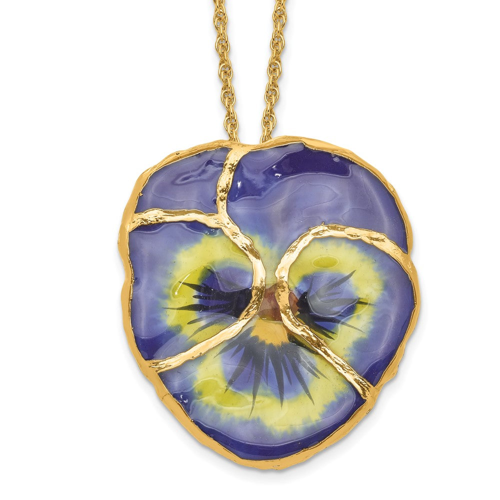 24K Gold-trim Lacquer Dipped Blue Real Pansy with 20 inch Gold-tone Necklace, 20 mm