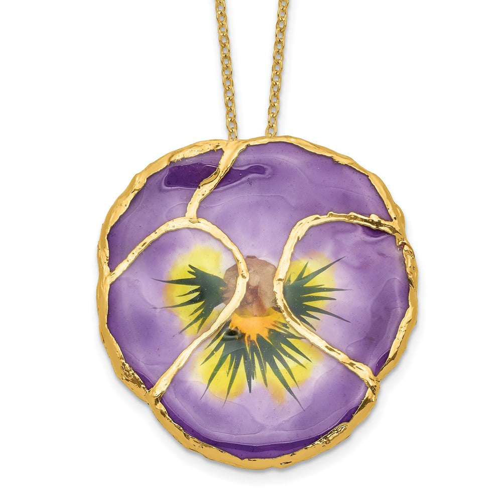 24K Gold-trim Lacquer Dipped Lilac Real Pansy 20 inch Gold-tone Necklace, 20 mm