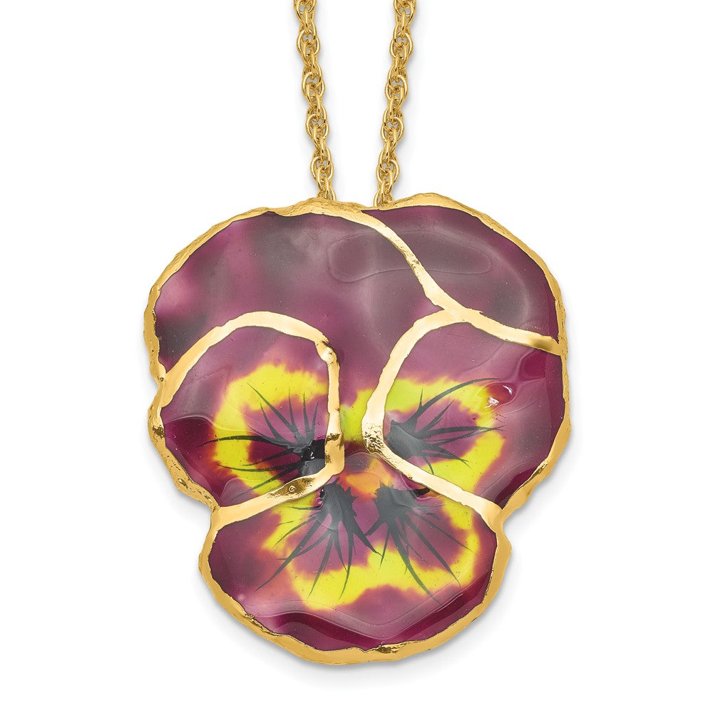 24K Gold-trim Lacquer Dipped Violet Real Pansy 20 inch Gold-tone Necklace, 20 mm
