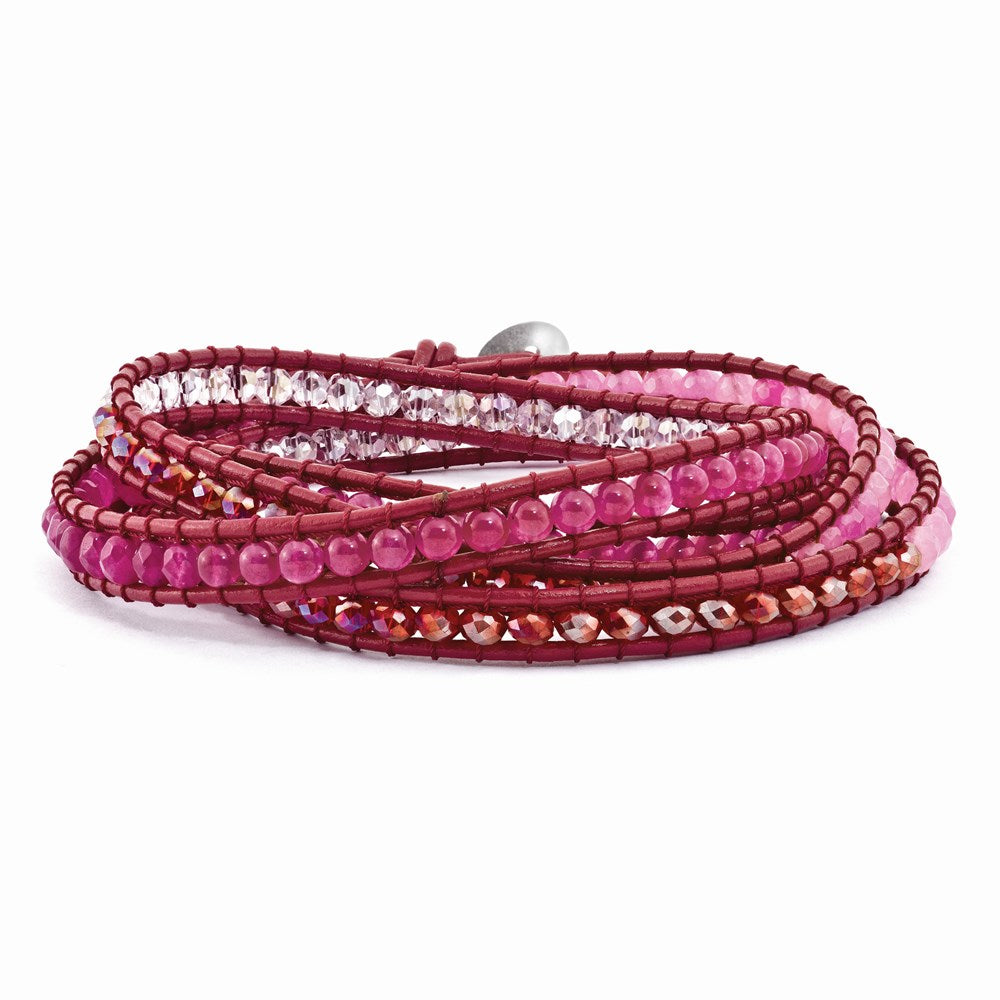 Multi Crystal and Multi Colored Jade Beaded Leather Multi-wrap Bracelet, 34 mm