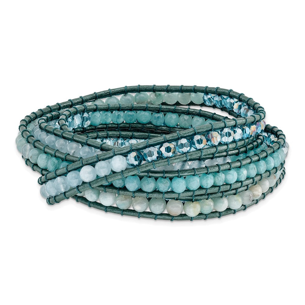 Amazonite/Crystal/Blue Quartz/Leather Multi-wrap Bracelet, 35 x 7 mm