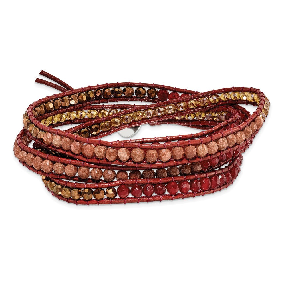 Crystal/Red Quartz/ Red Sand Stone/Leather Multi-wrap Bracelet, 36 x 7 mm