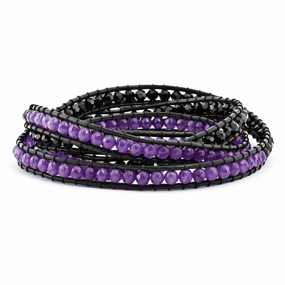 Black Crystal/Purple Quartz Bead/Leather Multi-wrap Bracelet, 35 x 7 mm