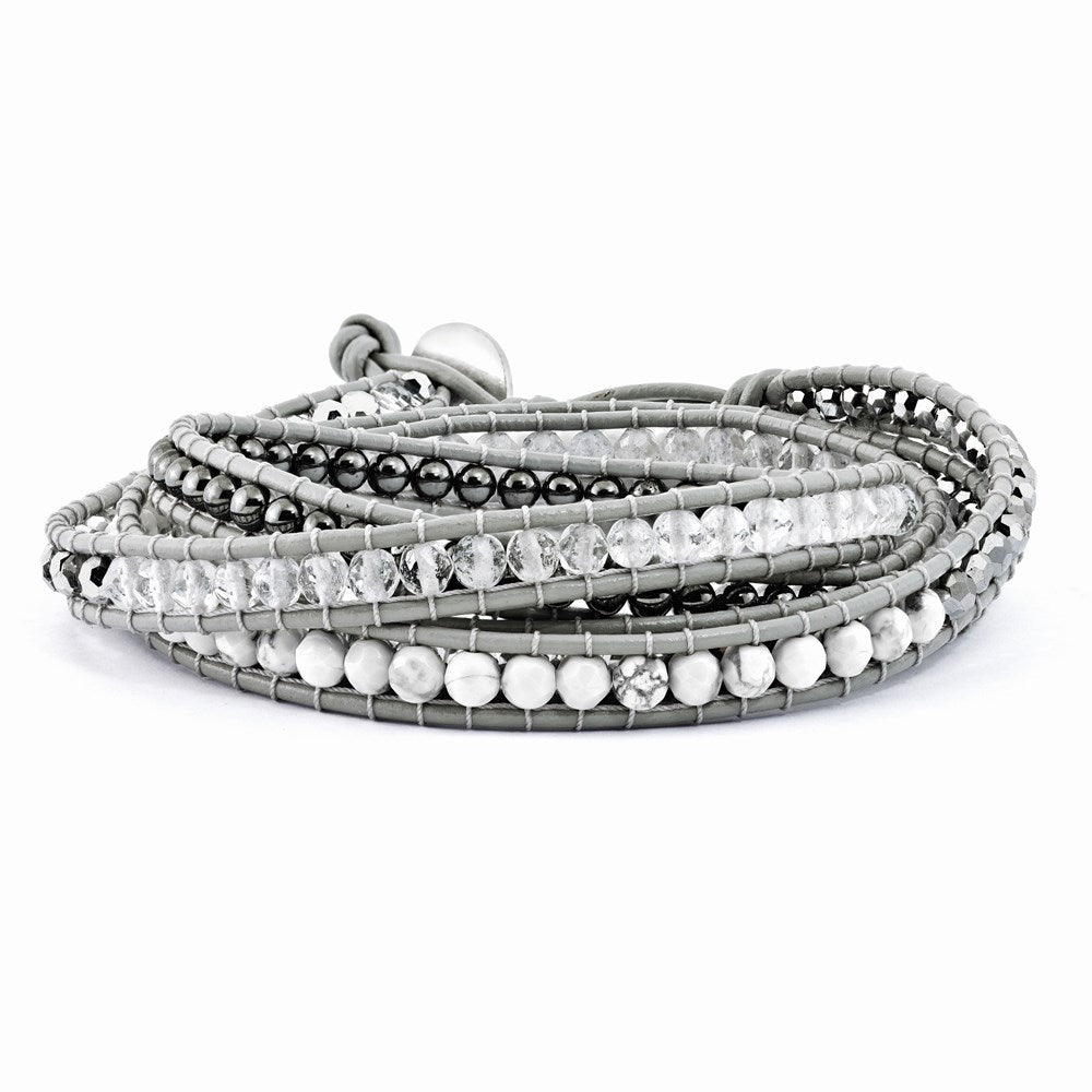 Crystal/Hematite/White Howlite Bead Leather Multi-wrap Bracelet, 34 mm