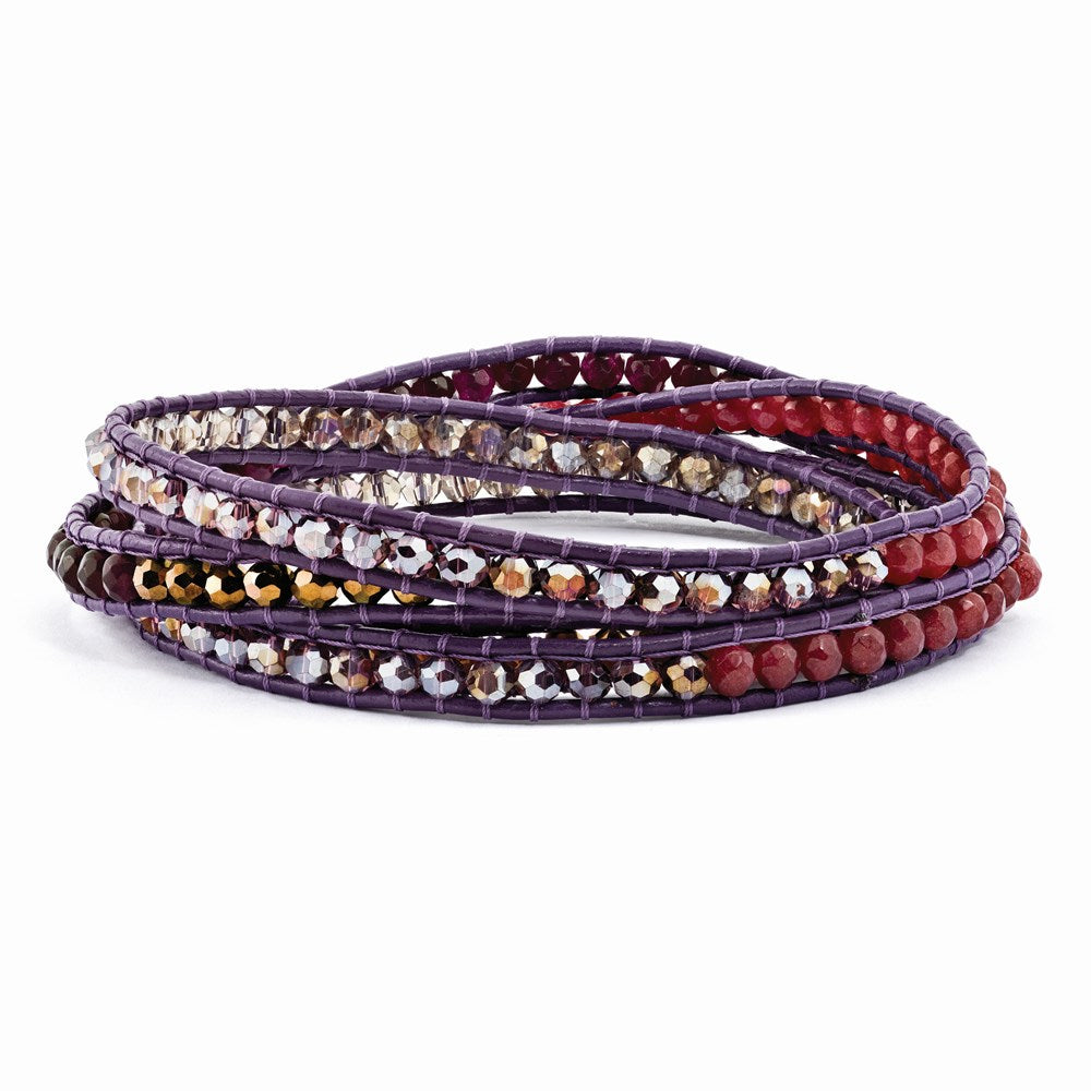 Multi Crystal and Multi Quartz Leather Multi-wrap Bracelet, 34 mm