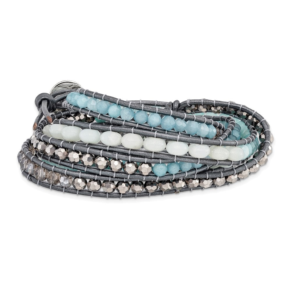 Aquamarine/Blue Quartz/Crystal/Leather Multi-wrap Bracelet, 35 x 7 mm
