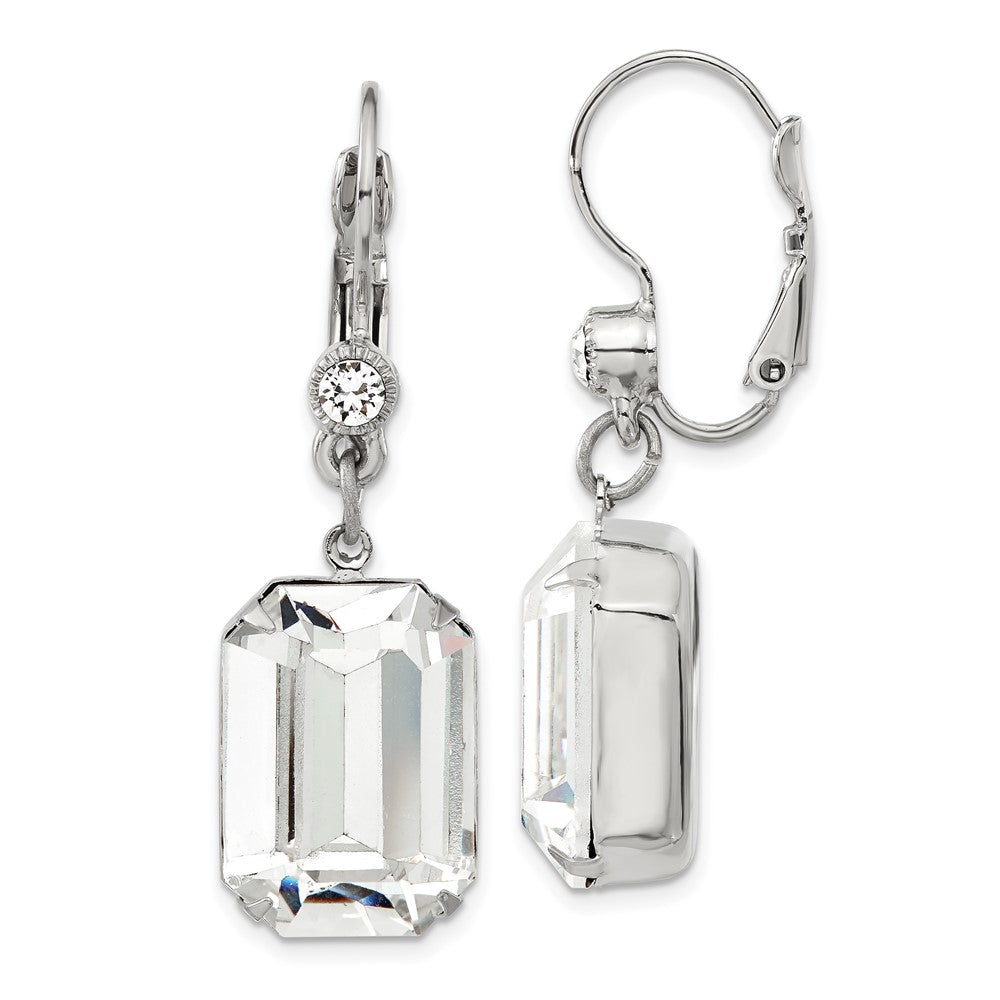 1928 Jewelry Silver-tone Clear Emerald Cut Crystals Dangle Leverback Earrings, 40 x 14 mm