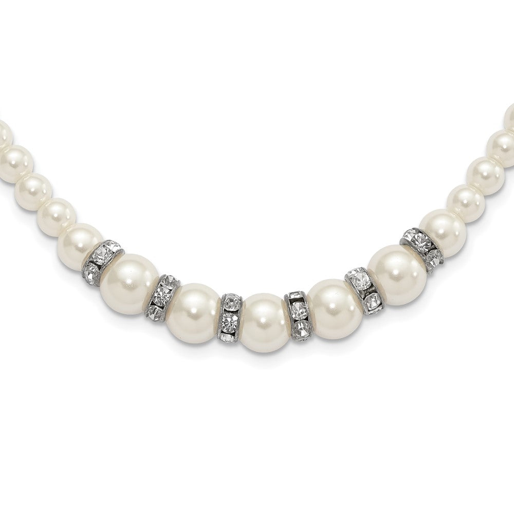1928 Silver-tone Clear Crystal and Simulated Pearl 15in w/ 3in ext Necklace, 15 x 10 mm