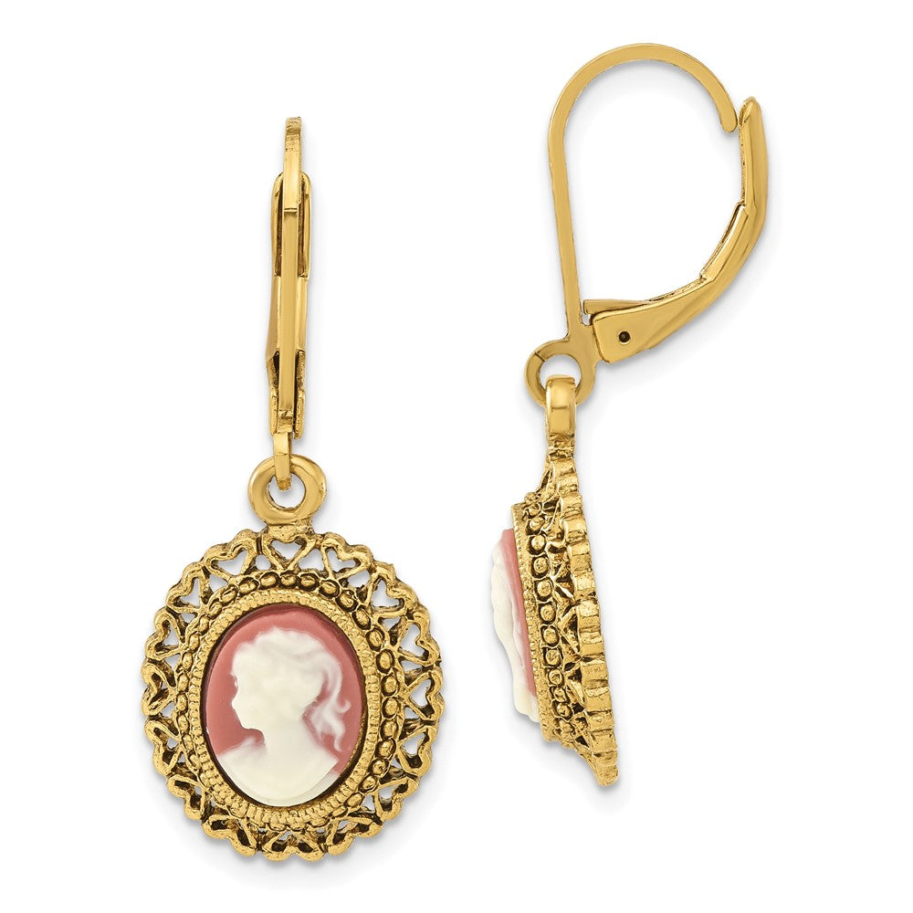 1928 Jewelry Gold-tone Filigree Frame Ivory Colored Lady Acrylic Cameo Dangle Leverback Earrings, 38 x 13 mm