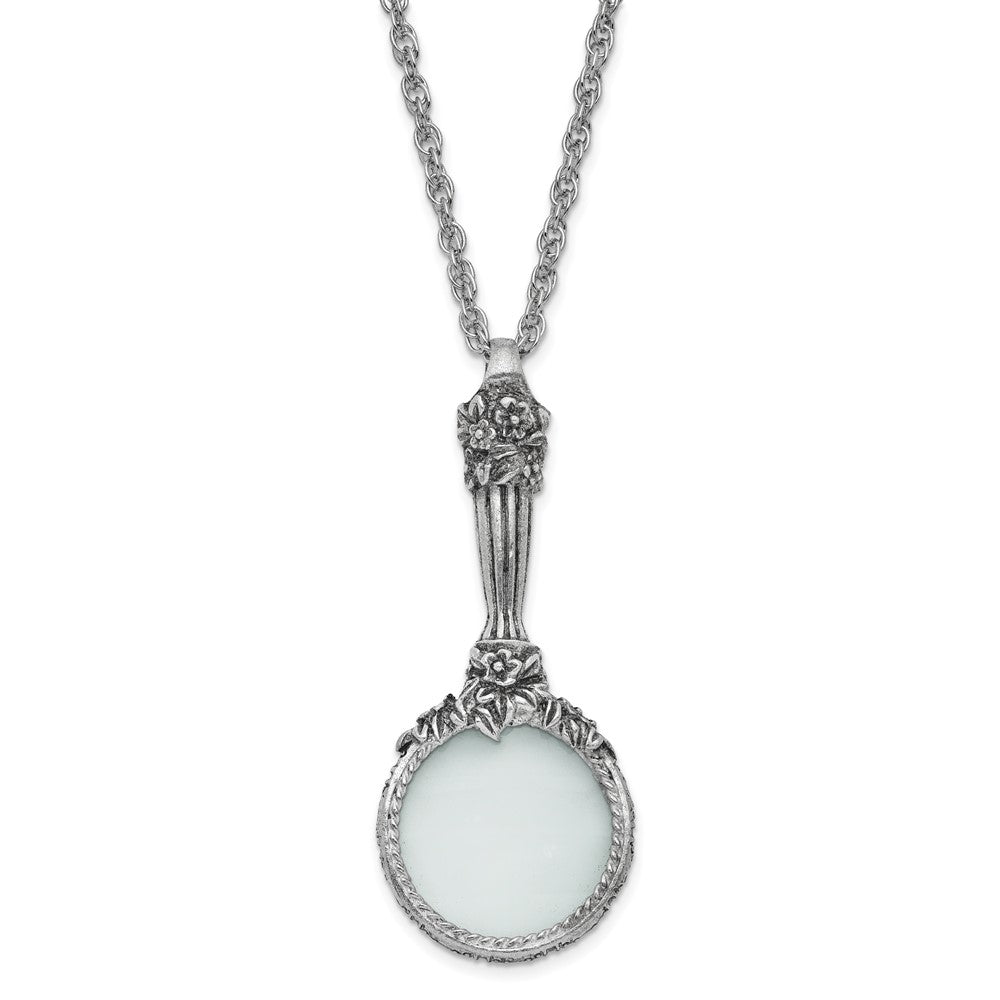 1928 Jewelry Silver-tone Textured Vintage Handle 4-5X Magnifying Glass 30 inch Necklace, 30 x 38 mm