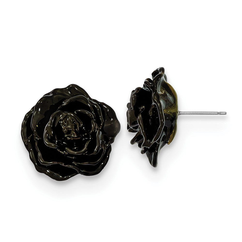 Lacquer Dipped Black Real Rose Silver-tone Post Earrings, 25 x 25 mm