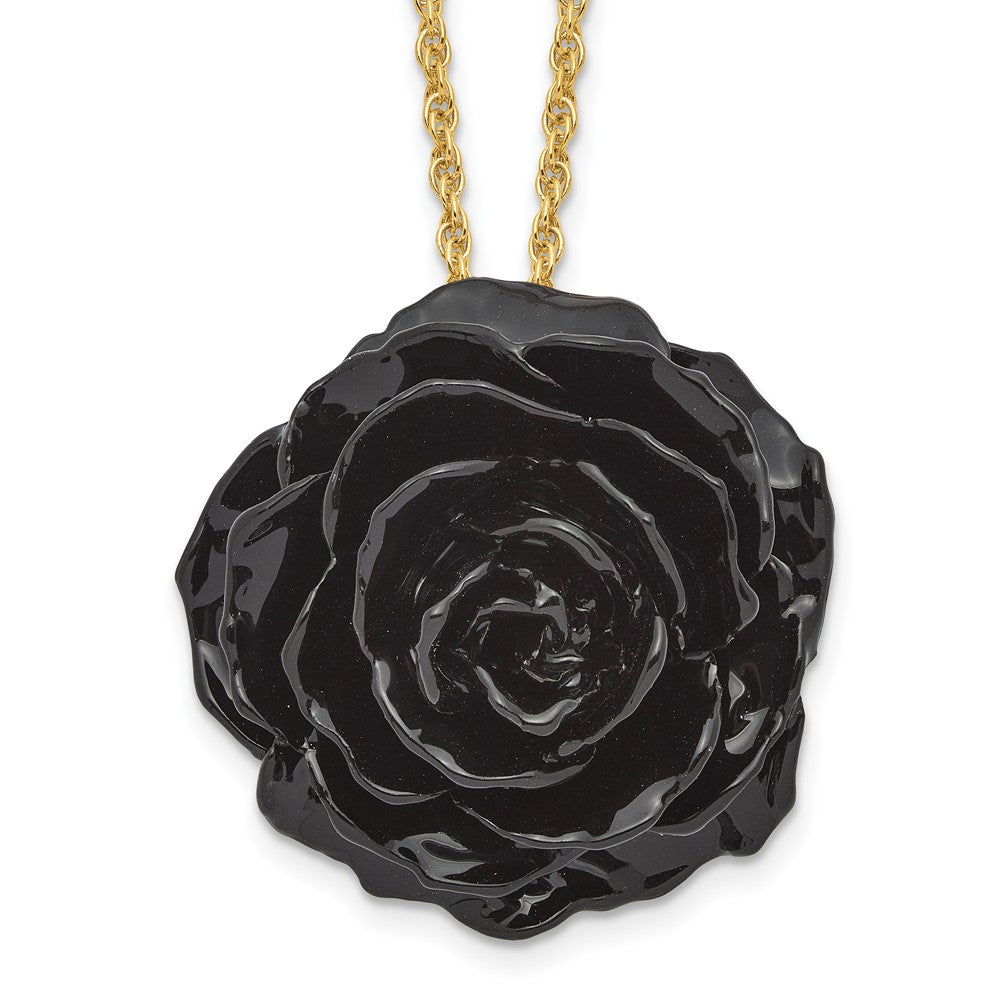 Lacquer Dipped Black Real Rose with 18 inch Gold-tone Necklace, 18 mm