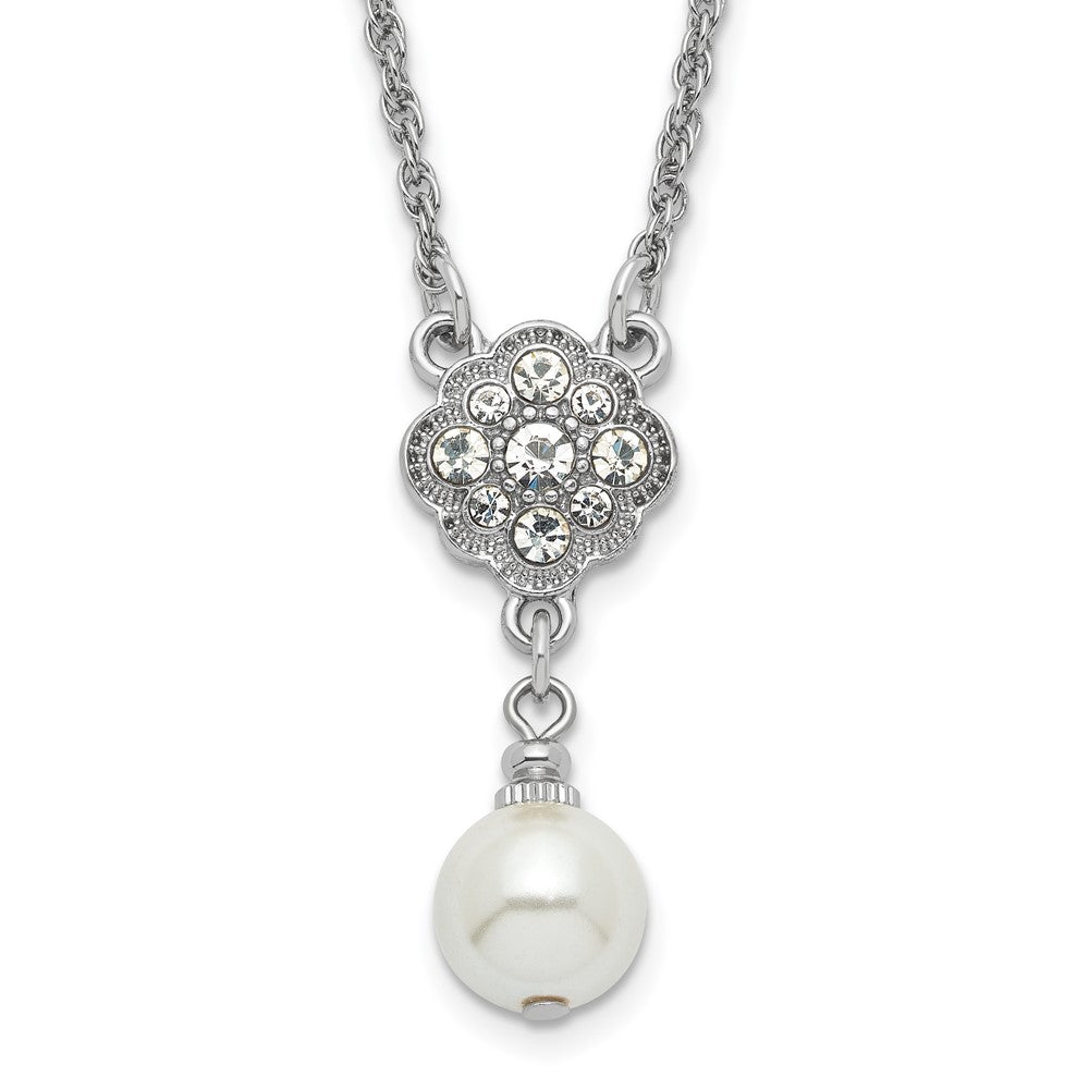 1928 Silver-tone Crystal and Imitation Pearl 16in w/ 3in ext. Necklace, 16 x 13 mm