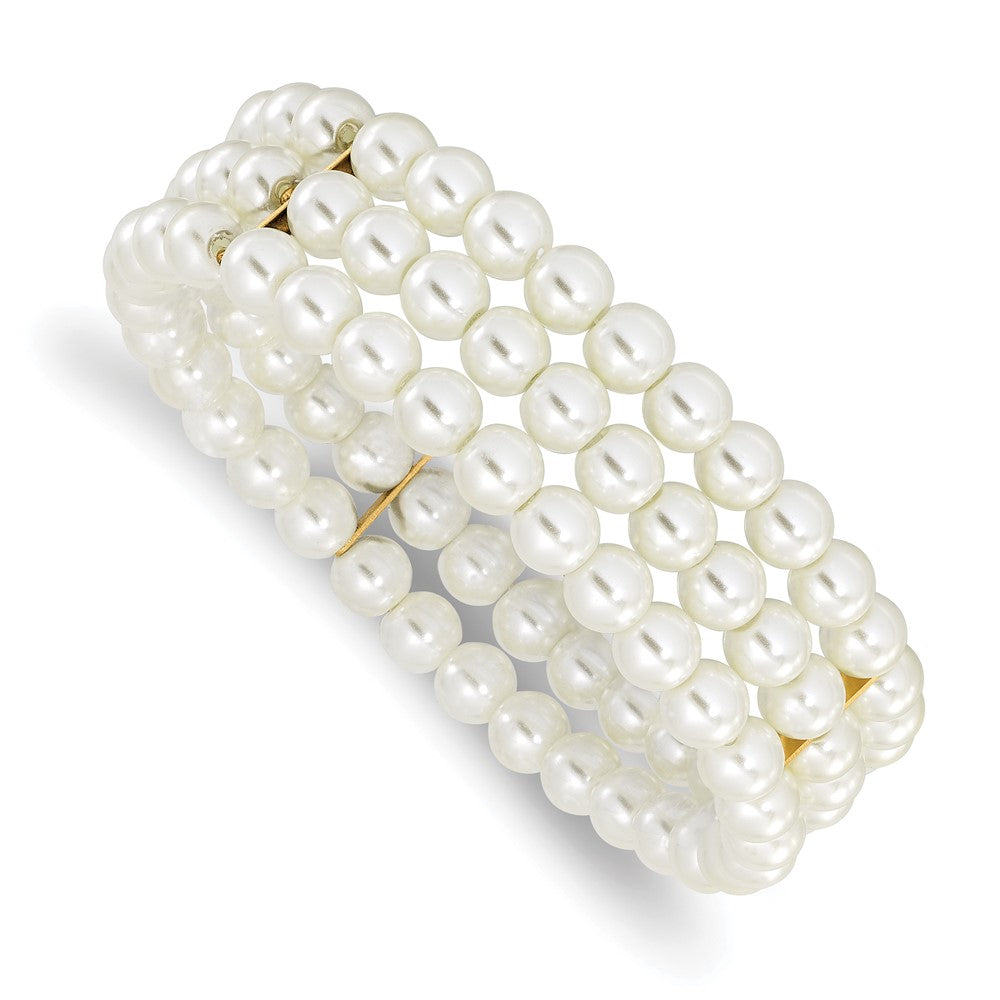 1928 Jewelry Gold-tone 6mm Ivory Cultura Imitation Pearl 3 Row Stretch Bracelet, 7 x 19 mm