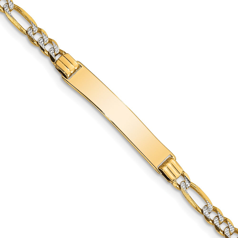 14k with Rhodium Polished Solid Chain/Solid Plate Pav‚ Figaro Link 26x5mm Plate 6 inch Baby/Child ID Bracelet, 6 x 5 mm