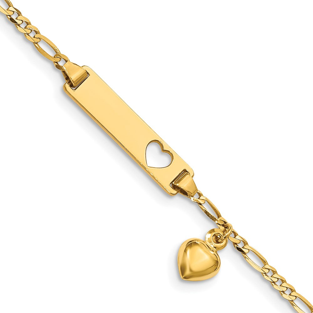 14k Polished Solid Chain/Solid Plate Cut-out Heart with Heart Dangle Figaro Link 21x5mm Plate 6 inch Baby/Child ID Bracelet, 6 x 5 mm