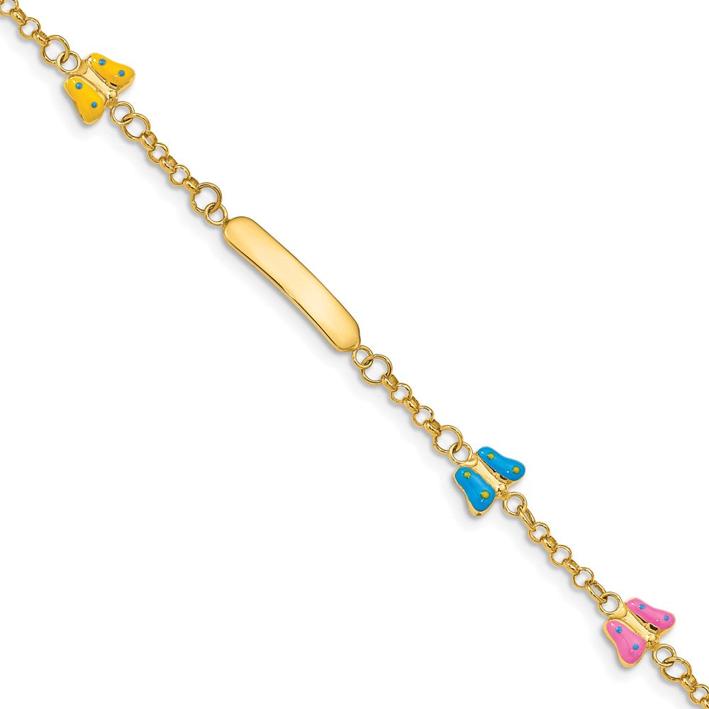 14k Polished Pink/Blue/Yellow Enamel Butterflies and 18x3mm Plate 6 inch Baby/Child ID Bracelet with 0.5 inch Extender, 6 x 4 mm
