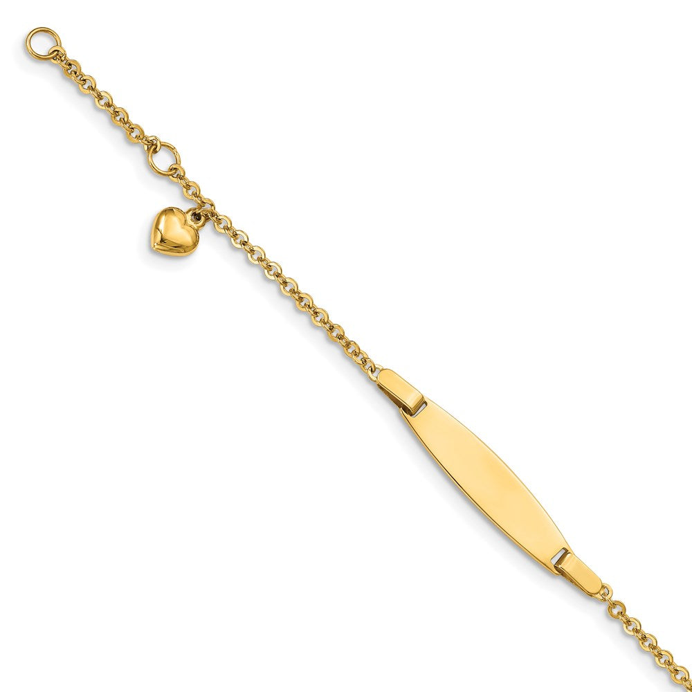 14k Polished Solid Chain/Solid Plate Heart Dangle 20x6mm Plate 4.5 inch Baby/Child ID Bracelet with 0.5 inch Extender, 4.5 x 5 mm