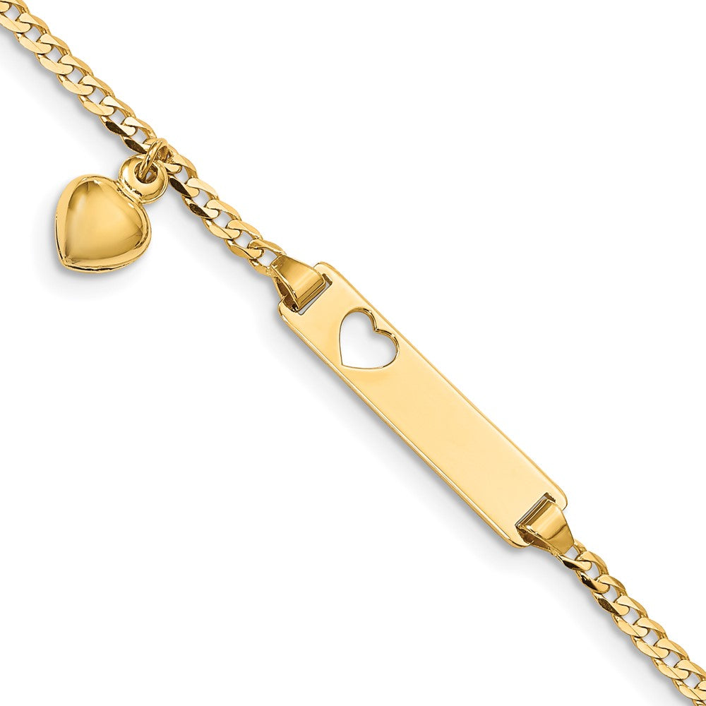 14k Polished Solid Chain/Solid Plate Cut-out Heart with Heart Dangle Curb Link 21x5mm Plate 6 inch Baby/Child ID Bracelet, 6 x 4.7 mm
