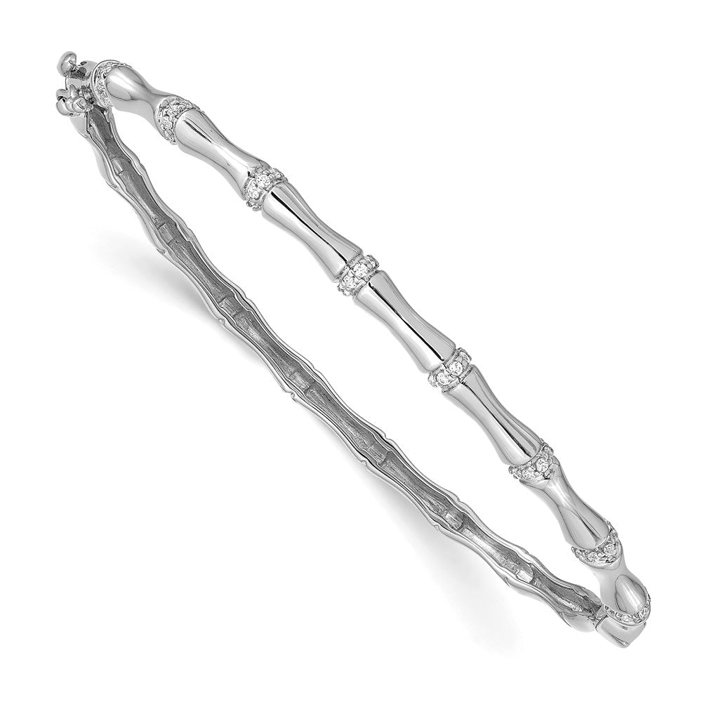 14k White Gold Bamboo Design Complete 1/4 carat Diamond Hinged Oval Bangle Bracelet, 0.24 ct, 7 x 4 mm