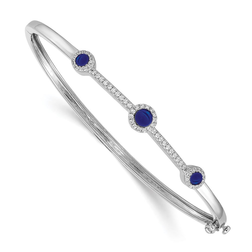 14k White Gold Complete 1/4 carat Diamond and Cabochon Sapphire Hinged Bangle Bracelet, 1.678 ct, 7 x 7 mm
