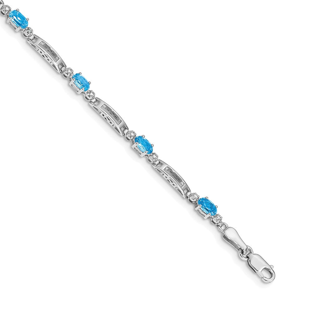 14k White Gold Complete Diamond and Oval Swiss Blue Topaz Fancy Link 7 inch Bracelet, 2.005 ct, 7 x 3.5 mm