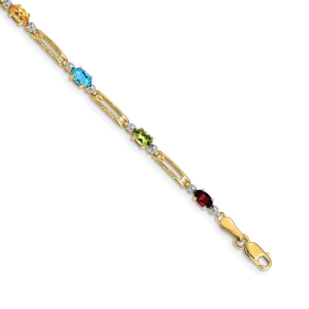 14k Complete Diamond and Oval Garnet/Swiss Blue Topaz/Peridot/Amethyst/Citrine 7 inch Rainbow Bracelet, 1.526 ct, 7 x 4 mm