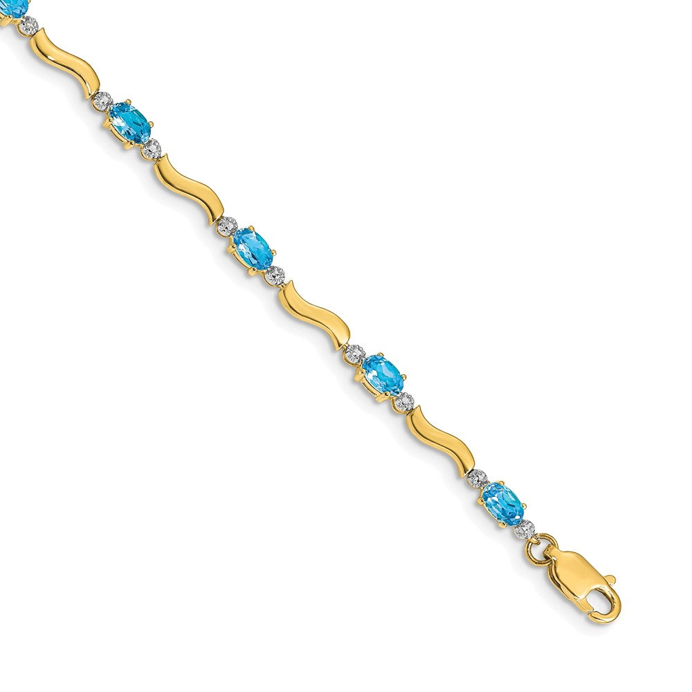 14k Complete Diamond and Oval Swiss Blue Topaz Wavy Link 7 inch Bracelet, 2.71 ct, 7 x 3.5 mm