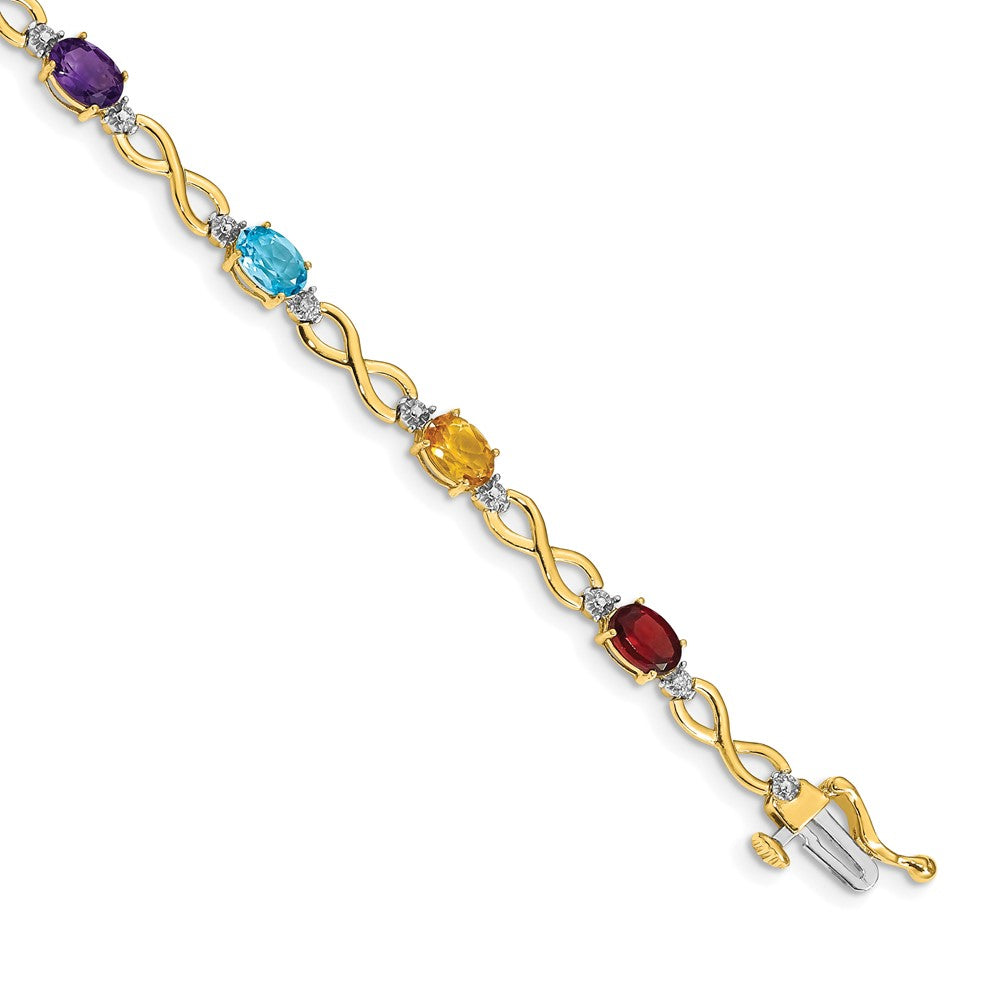 14k Complete Diamond and Oval Garnet/Swiss Blue Topaz/Citrine/Amethyst/Peridot Infinity 7 inch Rainbow Bracelet, 4.525 ct, 7 x 5 mm