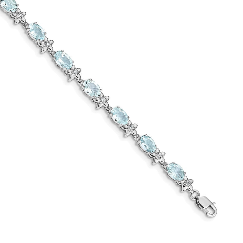 14k White Gold Complete Diamond and Oval Aquamarine Floral 7 inch Bracelet, 7.112 ct, 7 x 5 mm