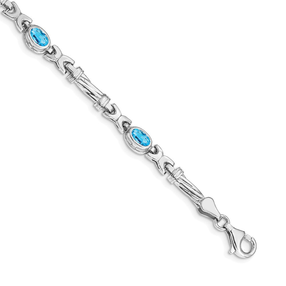 14k White Gold Complete Oval Swiss Blue Topaz Fancy Link 7 inch Bracelet, 2 ct, 7 x 5 mm