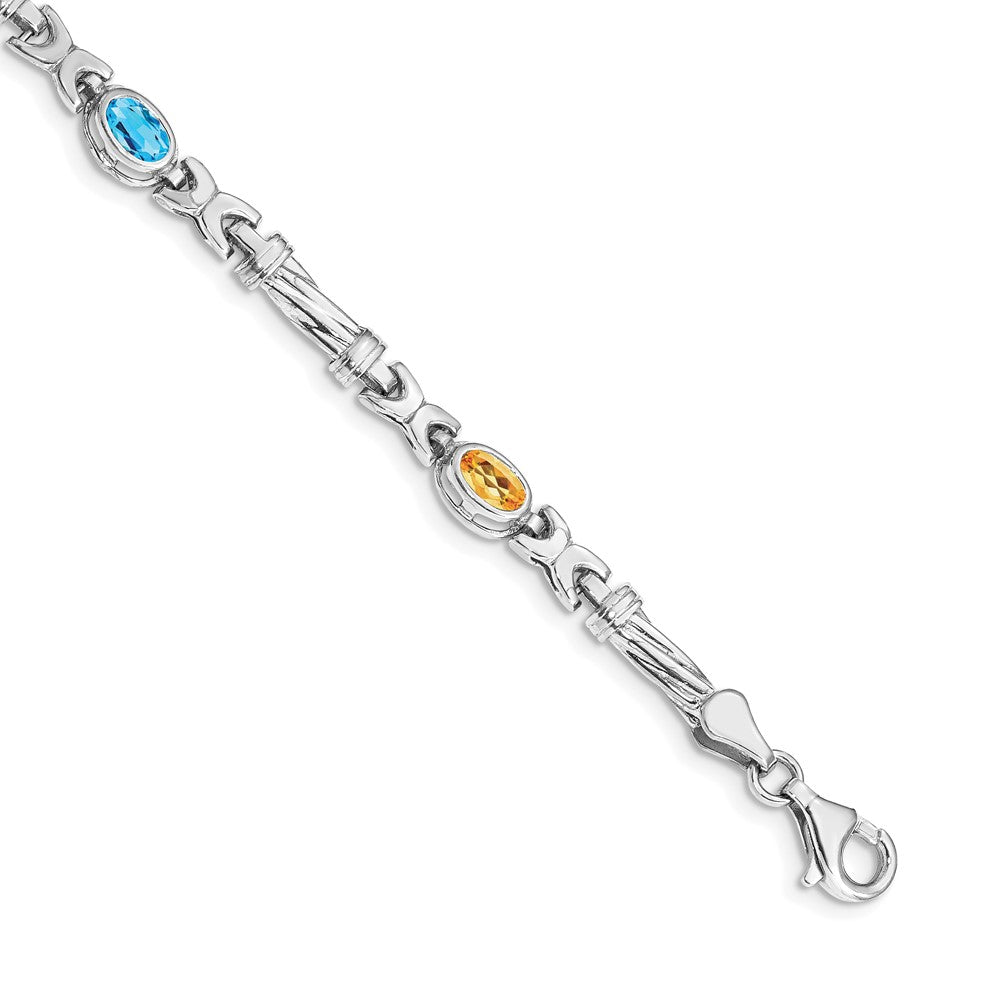 14k White Gold Complete Oval Peridot/Amethyst/Aquamarine/Citrine Fancy Link 7 inch Rainbow Bracelet, 8.5 ct, 7 x 5 mm