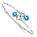 14k White Gold Complete Round Blue Topaz and 1/8 carat Diamond Hearts Flexible Bangle Bracelet, 4.454 ct, 7 x 8 mm