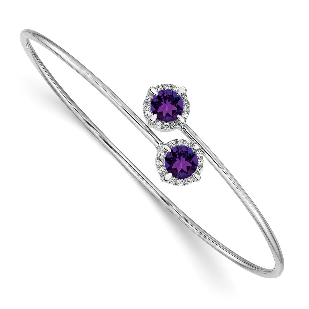 14k White Gold Complete Round Amethyst and 1/8 carat Diamond Halo Flexible Bangle Bracelet, 1.814 ct, 7 x 7 mm