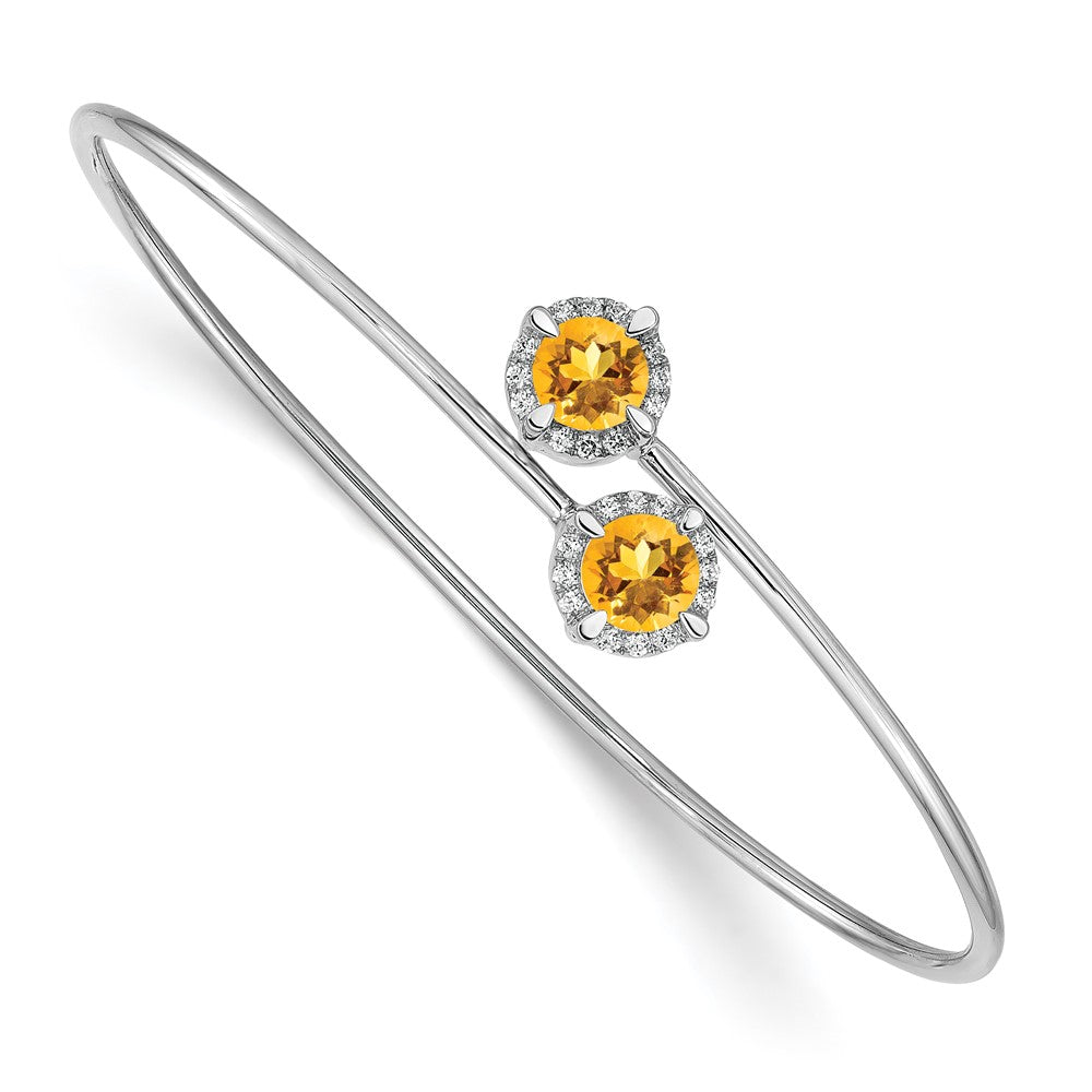 14k White Gold Complete Round Citrine and 1/8 carat Diamond Halo Flexible Bangle Bracelet, 1.78 ct, 7 x 7 mm