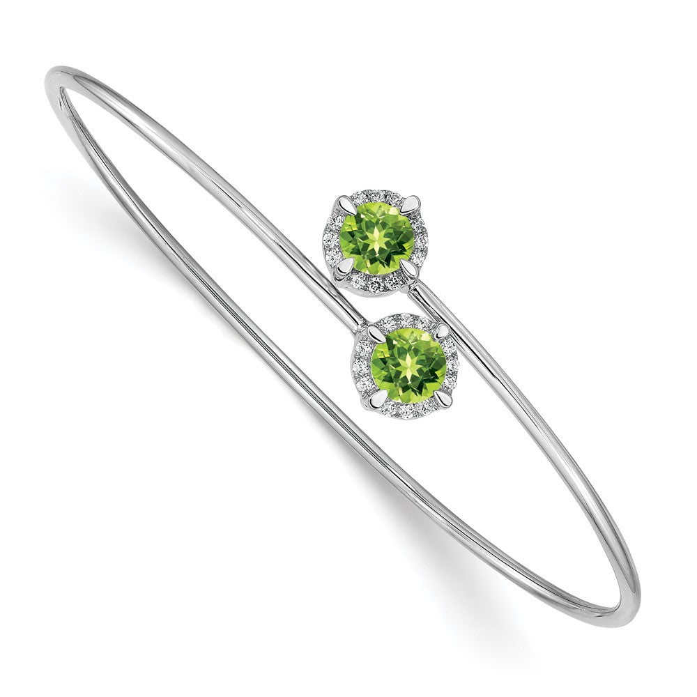 14k White Gold Complete Round Peridot and 1/8 carat Diamond Halo Flexible Bangle Bracelet, 1.87 ct, 7 x 7 mm