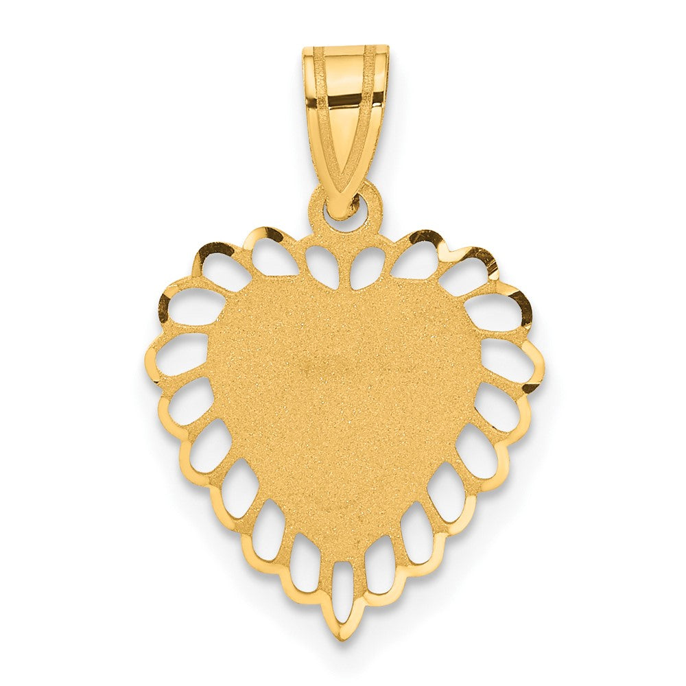 14K Polished and Satin Scalloped Border Engravable Heart Pendant, 26 x 15 mm