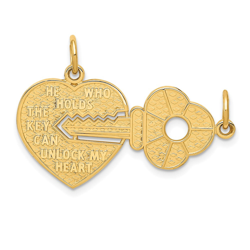 14K Polished 2-Piece Break-Apart HE WHO HOLDS THE KEY CAN UNLOCK MY HEART Charm, 22 x 32 mm