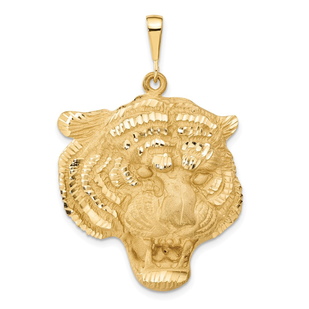 14k Large Satin Diamond-cut Tiger Head Pendant, 45 x 31 mm