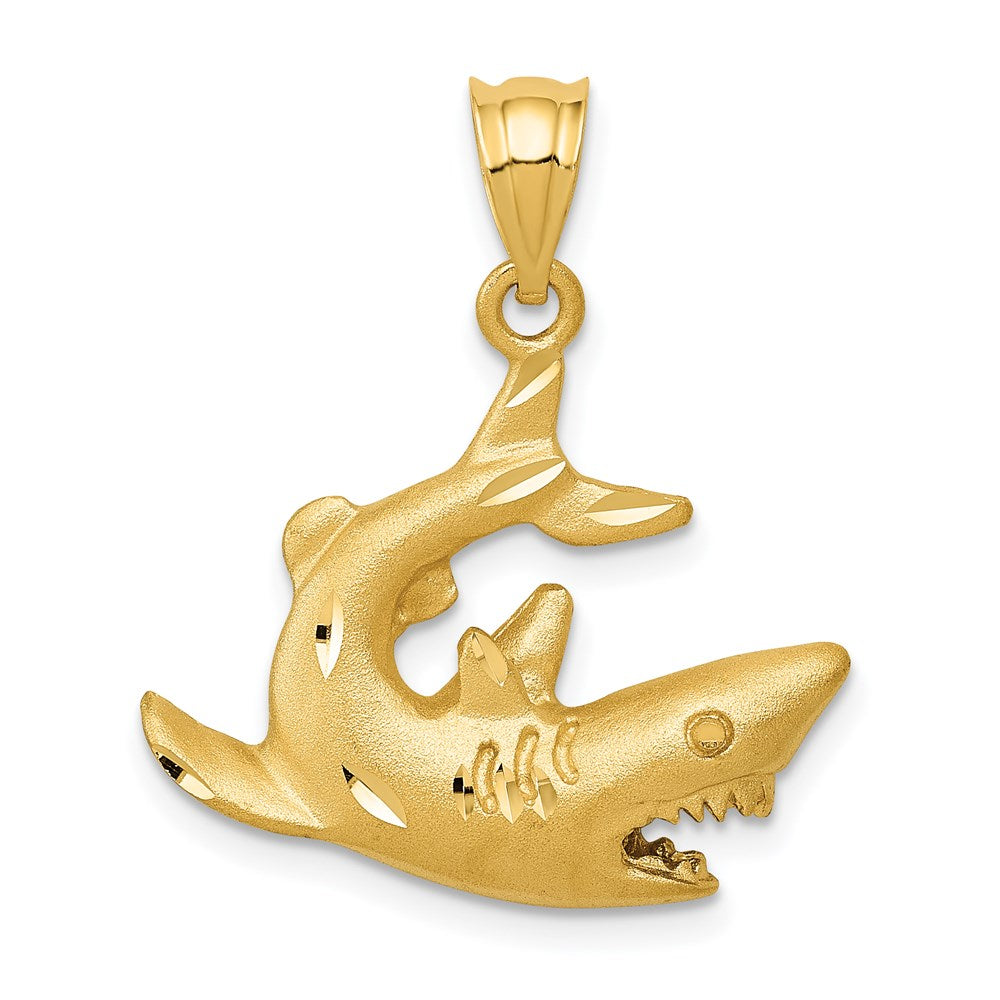 14k Satin Diamond-cut Swimming Shark Pendant, 25 x 20 mm