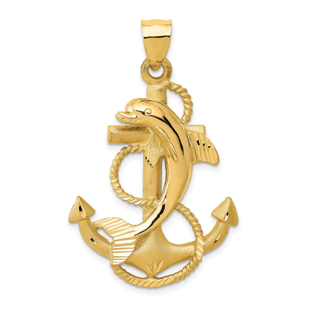 14k Large Polished and Satin Dolphin on Anchor Charm, 42 x 27 mm