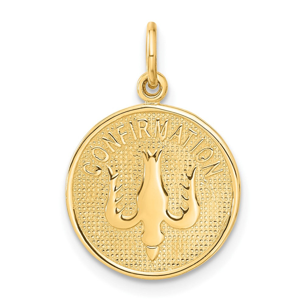 14k Polished CONFIRMATION with Dove Round Charm, 23 x 15 mm