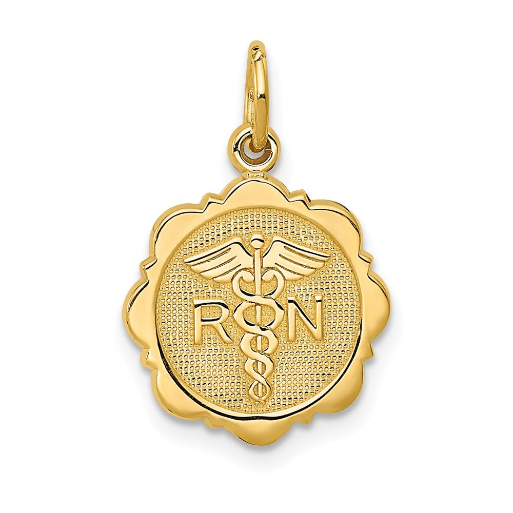 14k RN Registered Nurse Textured Back Disc Charm, 20 x 12 mm